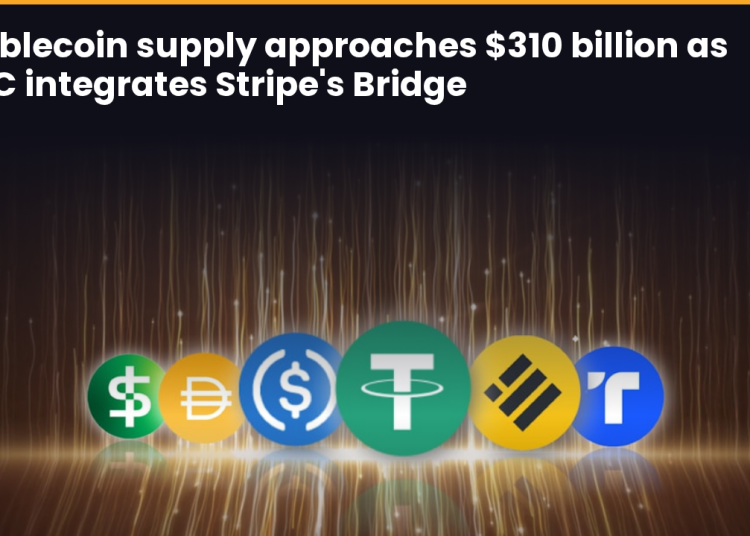 Stablecoin supply approaches $310 billion as XDC integrates Stripe’s Bridge